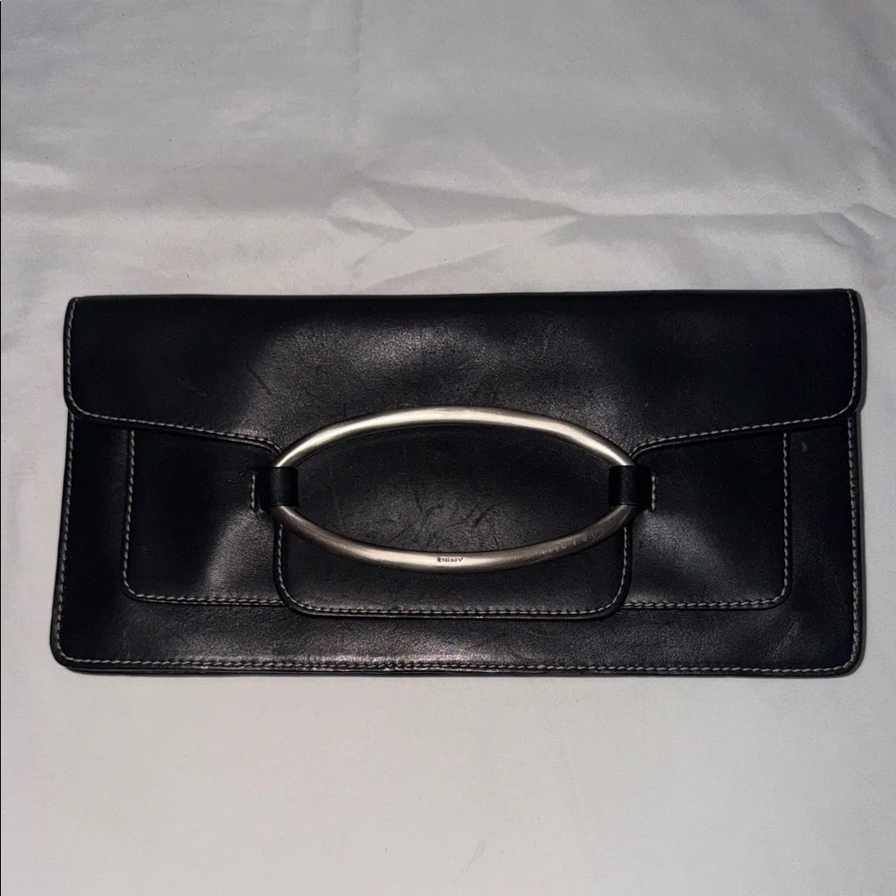 DKNY Black Leather Silver Buckle Minimal Envelope Style Clutch